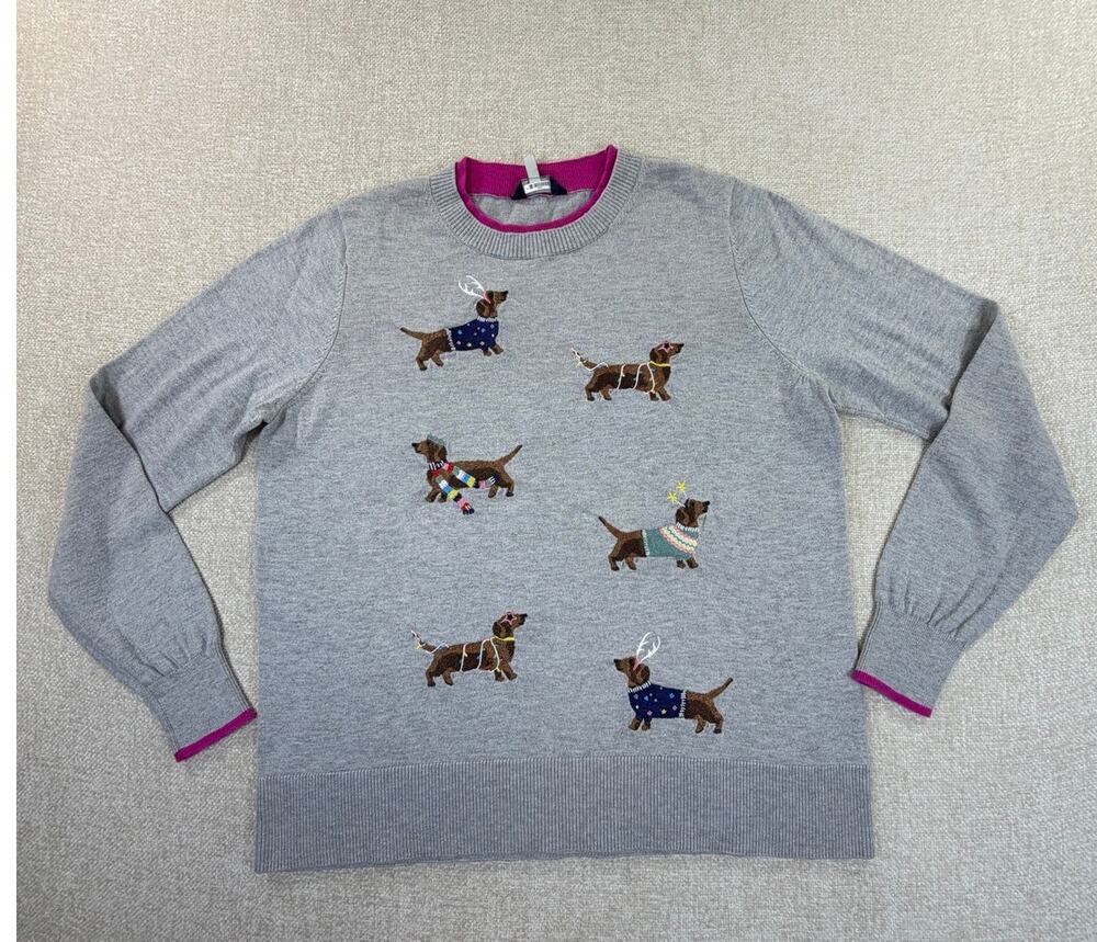 Joules Women's 14 Gray Dachshund Embroidered Christmas Long Sleeve Sweater Cozy